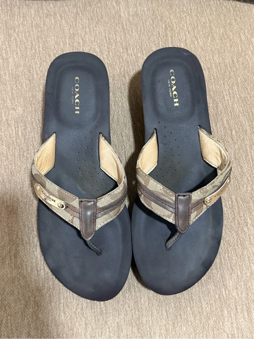 Coach Brown and Tan Signature Wedge Thong Sandals
